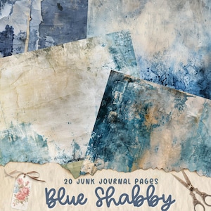 May include: 20 blue and white textured paper pages with torn edges. The pages are distressed and have a vintage look. The text "20 Junk Journal Pages Blue Shabby" is at the bottom of the image.