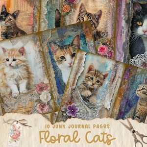 Kit de papeles de diario basura de gato, Efímera de gatito, Descarga imprimible, Técnica mixta, Álbum de recortes, Decoupage instantáneo, Floral, Shabby Chic Png