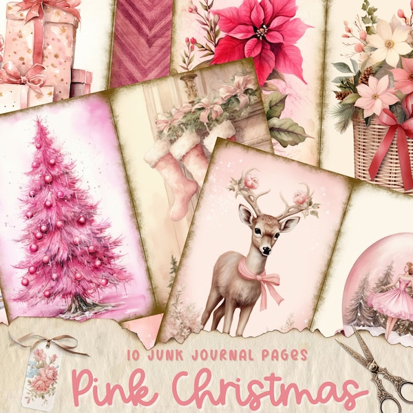 Pink Christmas junk journal page, Vintage Merry Christmas Junk Journal Pages, Santa Scene Junk Journal Printable Paper, Digital Collage