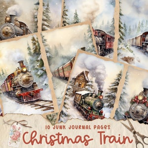 Kersttrein junk journal kit, vintage trein kerst junk journal pagina's, gezellige scène junk journal afdrukbaar papier, digitaal collageblad