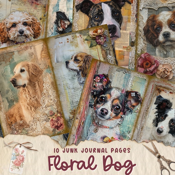 Dog Junk Journal Papers Kit, Animal Ephemera, Printable Download, Mixed Media, Collage Sheet, Instant Labrador, Pet Flower, Shabby Chic Png