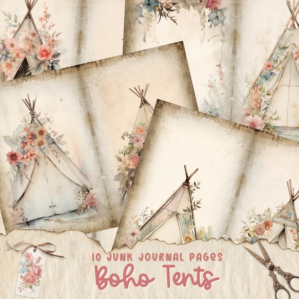 Bohemian Junk Journal Pages | Boho Chic Tents | Printable Paper | Hippie Journaling Pages | Digital Scrapbooking | Commercial Use