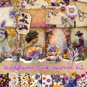 Watercolor Wildflowers Junk Journal Printable Kit, Flowers Junk Journal Pages, Junk Journal Paper Digital Collage Sheet, Instant Download