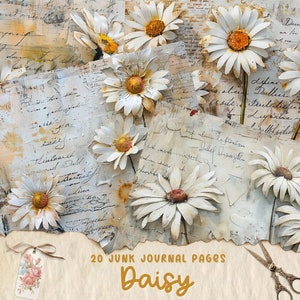 Vintage Daisy Junk Journal Pages, digitale plakboekkit, afdrukbare bloemen, collageblad antieke bloem, shabby chic ephemera downloaden