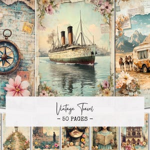 May include: A collage of vintage travel-themed illustrations. The images include a compass, a ship on the water, a caravan with camels, and floral accents. The text "Vintage Travel - 50 Pages" is displayed across the center.