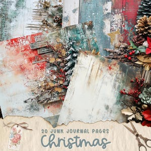 Kit de diario basura navideño, páginas de diario basura vintage con texto Feliz Navidad, papel imprimible rústico para diario basura navideño, hoja de collage digital