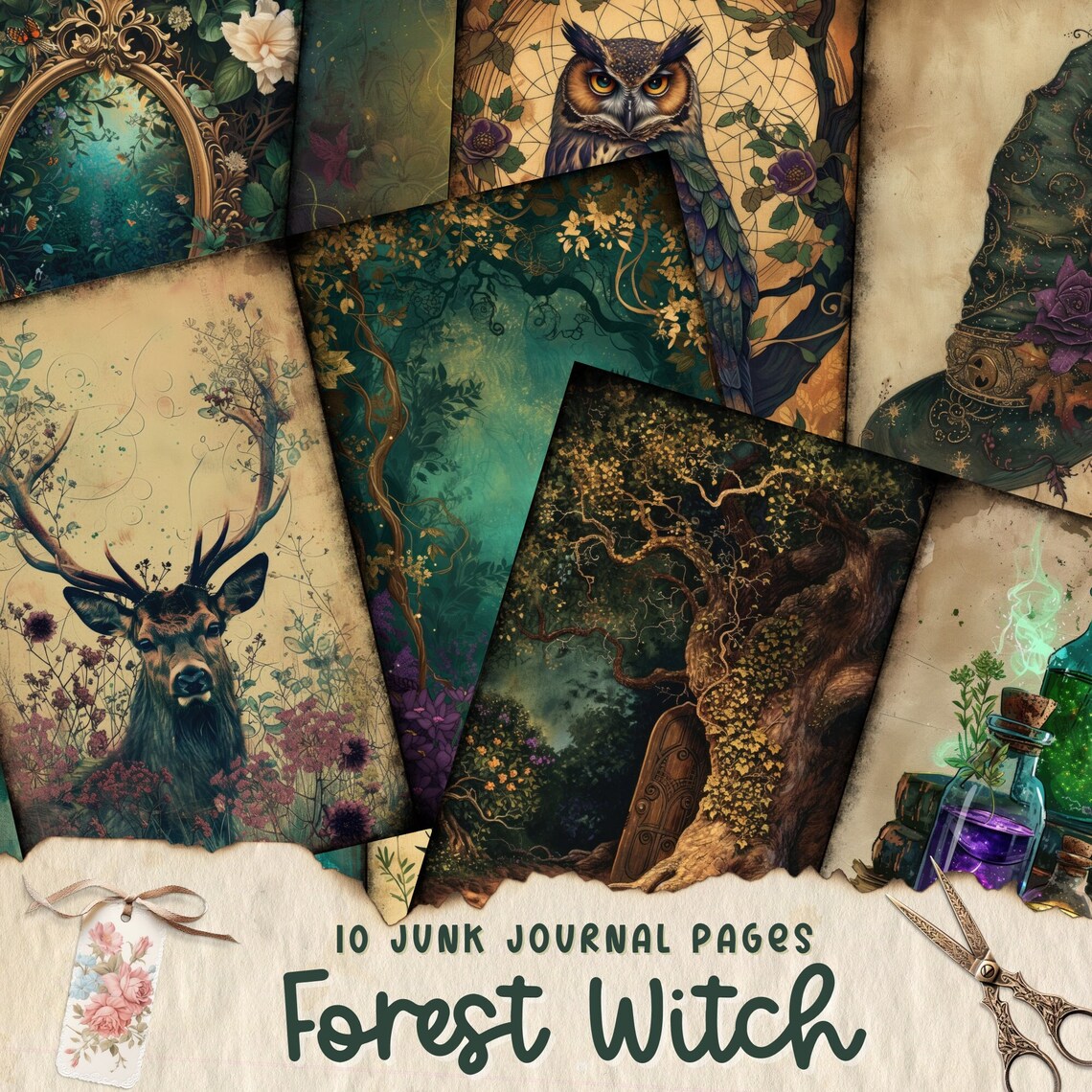 Forest Witch Junk Journal Pages, Digital Scrapbook Paper Kit, Printable ...