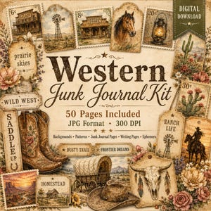 Puede incluir: Un kit de junk journal del Oeste con 50 páginas en formato JPG a 300 DPI. El diseño incluye ilustraciones de estilo vintage de botas de vaquero, una carreta, un caballo, un cráneo, cactus y sellos con textos como Wild West y Saddle Up.