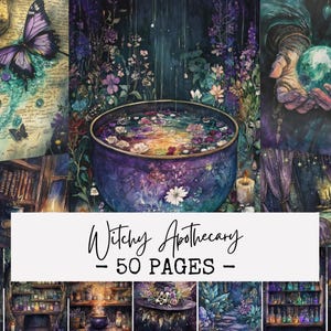 May include: A digital art print featuring a collage of mystical imagery. The artwork includes a cauldron, butterflies, a crystal ball, and a bookshelf. The text "Witchy Apothecary - 50 PAGES -" is displayed on a white banner.