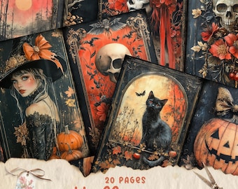 May include: A collage of 20 Halloween themed pages featuring illustrations of a witch, a skull, a black cat, a pumpkin, and flowers. The pages are decorated with a dark, gothic aesthetic.
