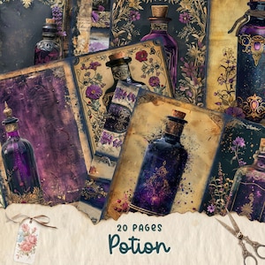 Boticário Junk Journal, kit de papel para álbum de recortes digital, impressão em branco, folha de colagem botânica, coisas efêmeras vintage, poções de ervas, download