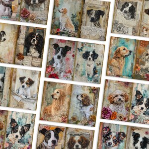 May include: A collage of images featuring various dog breeds in different poses and settings. The images are framed with decorative borders and include floral elements. The collage is a whimsical and charming representation of canine companionship.