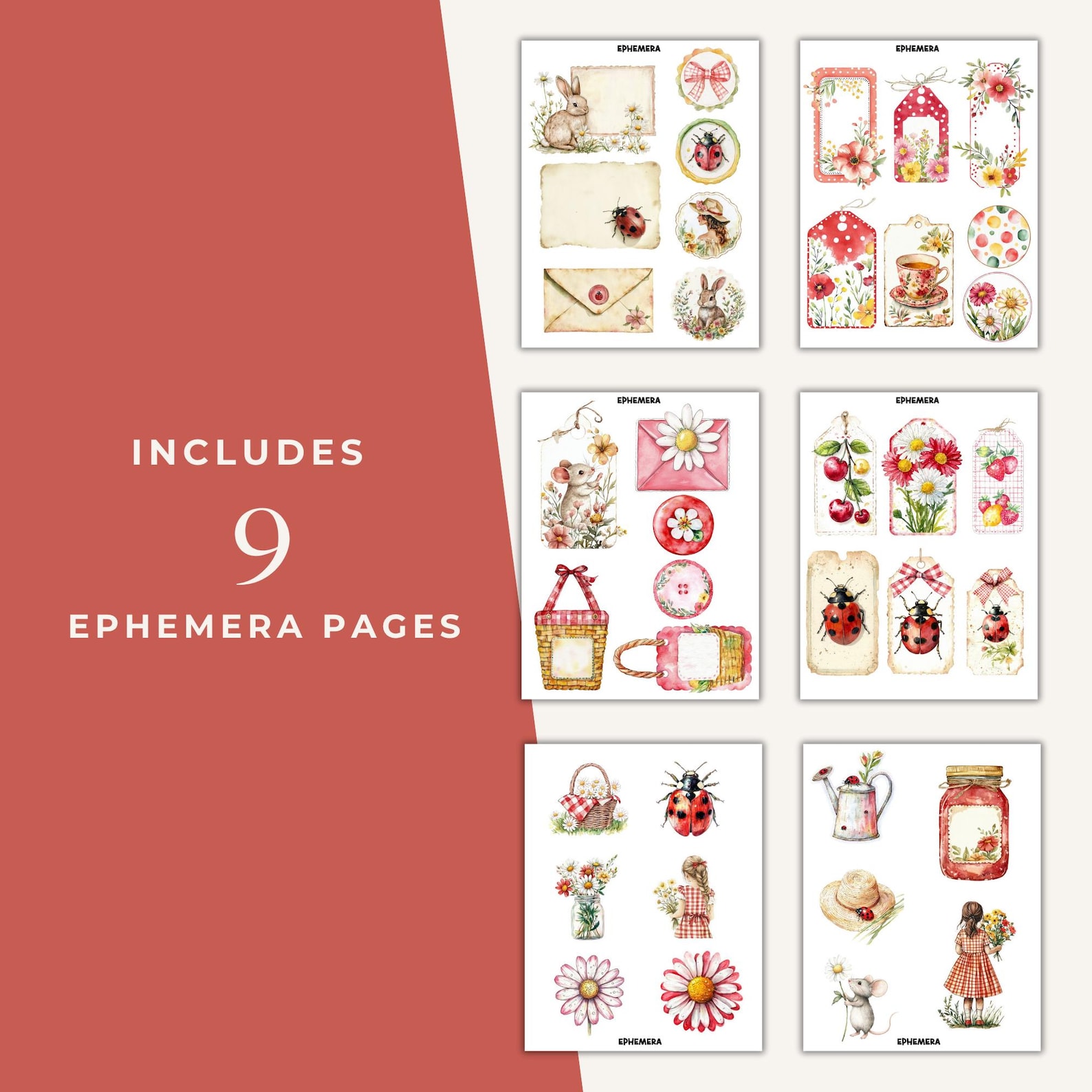 Ladybug and Daisies Junk Journal Kit, Printable Ephemera, Cute Tags ...