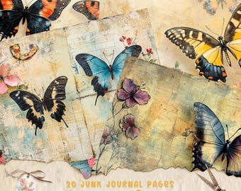 Butterfly Junk Journal Paper, Floral Butterfly Journal Pages, Scrapbook Printable Paper, Digital Collage Sheet, Vintage Ephemera Spring