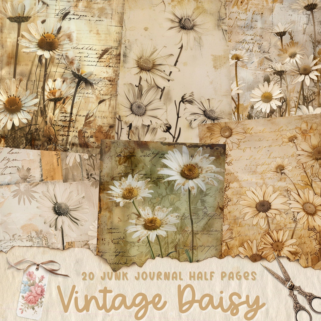 Vintage Daisy Junk Journal Half Pages, Digital Scrapbook Paper, Floral ...