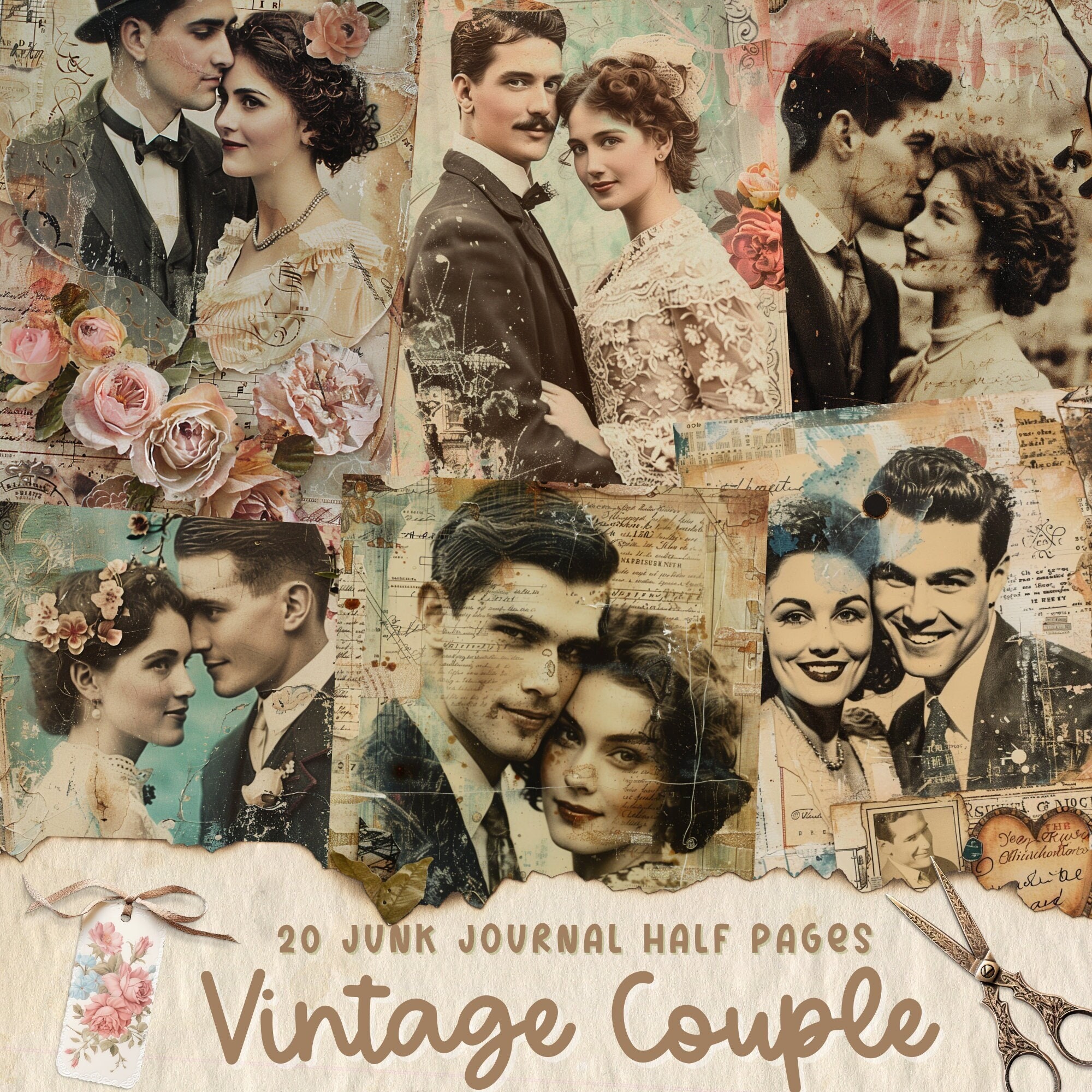 Vintage Couple Junk Journal Half Pages, Antique Victorian Digital Paper ...