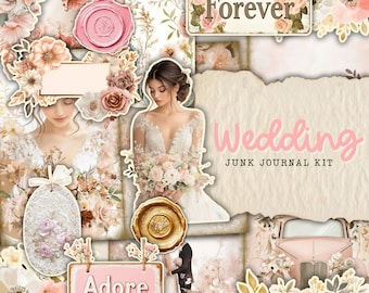 Vintage Wedding Junk Journal Kit, Printable Scrapbook Pages, Marriage Love, Paper Craft, Ephemera, Bridal Digital Paper, Digital Download
