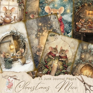 May include: A set of 15 junk journal pages with watercolour illustrations of Christmas mice. The pages show mice in festive scenes, including gift-giving, cosy interiors, and outdoor winter settings. The text "Christmas Mice" is visible.
