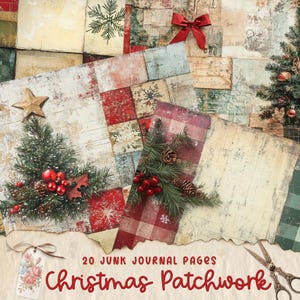 Páginas de diario de retazos navideños, páginas de diario imprimibles en papel digital, tarjetas de álbum de recortes, manualidades de papel, fondo textil Shabby Chic
