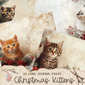 Páginas de diário de gatinhos de Natal, páginas de diário para impressão de gatos de papel digital, cartões fofos de scrapbook, artesanato de papel festivo, fundo de animais