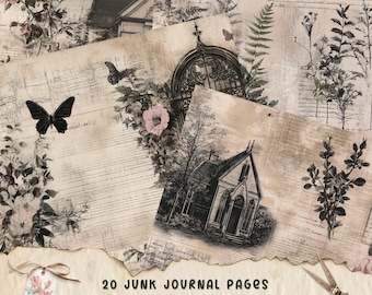 May include: A collection of 20 Gothic Cottage Garden junk journal pages. The pages feature vintage illustrations of houses, gates, butterflies, and floral elements. The color palette includes beige, black, and pink tones, with handwritten script backgrounds.