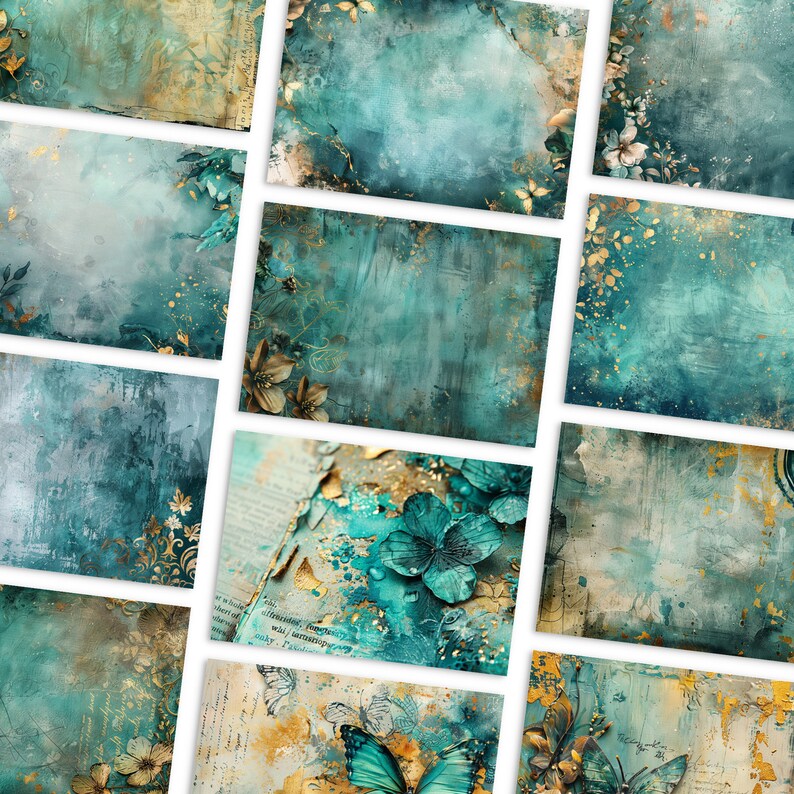 Teal and Gold Mixed Media Junk Journal Art Kit, Digital Papers ...