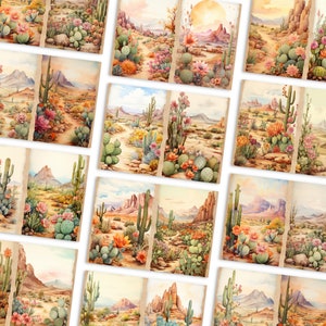 May include: A digital collage of watercolor paintings depicting desert landscapes with cacti, succulents, and flowers. The paintings are arranged in a grid pattern and feature a variety of colors, including green, brown, pink, and blue.