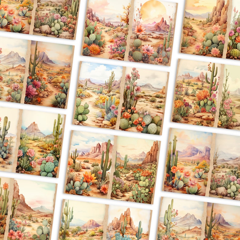 May include: A digital collage of watercolor paintings depicting desert landscapes with cacti, succulents, and flowers. The paintings are arranged in a grid pattern and feature a variety of colors, including green, brown, pink, and blue.