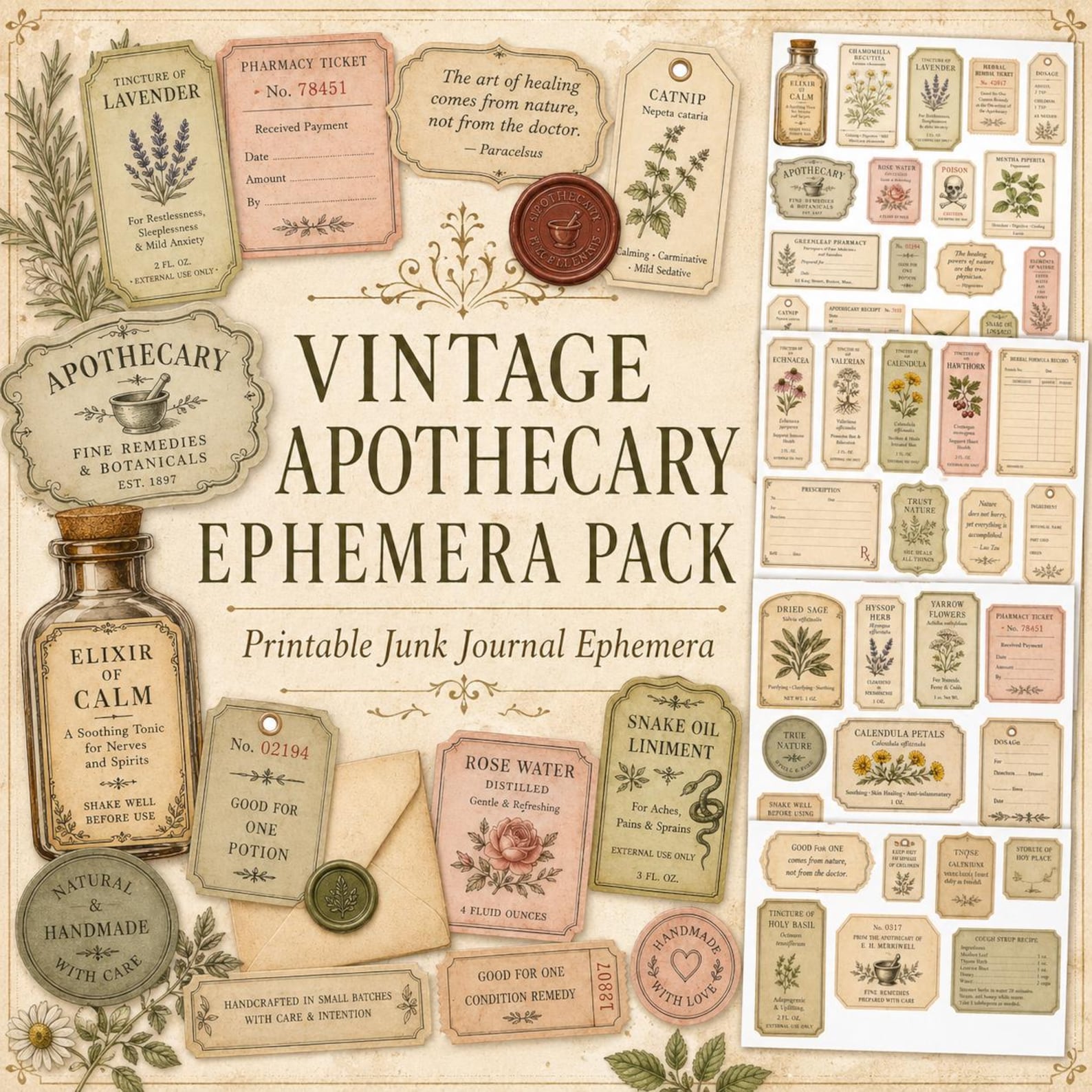 Vintage Apothecary Ephemera, Printable Junk Journal Pack, Herbal Labels ...