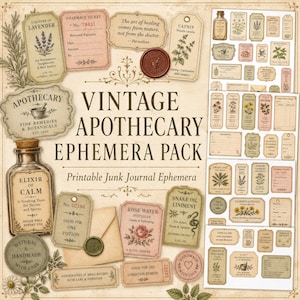 May include: A vintage apothecary ephemera pack with various labels, tags, and a bottle of elixir. The design includes botanical illustrations, text, and a seal. The color palette is muted with shades of beige, pink, and green, creating a nostalgic feel.