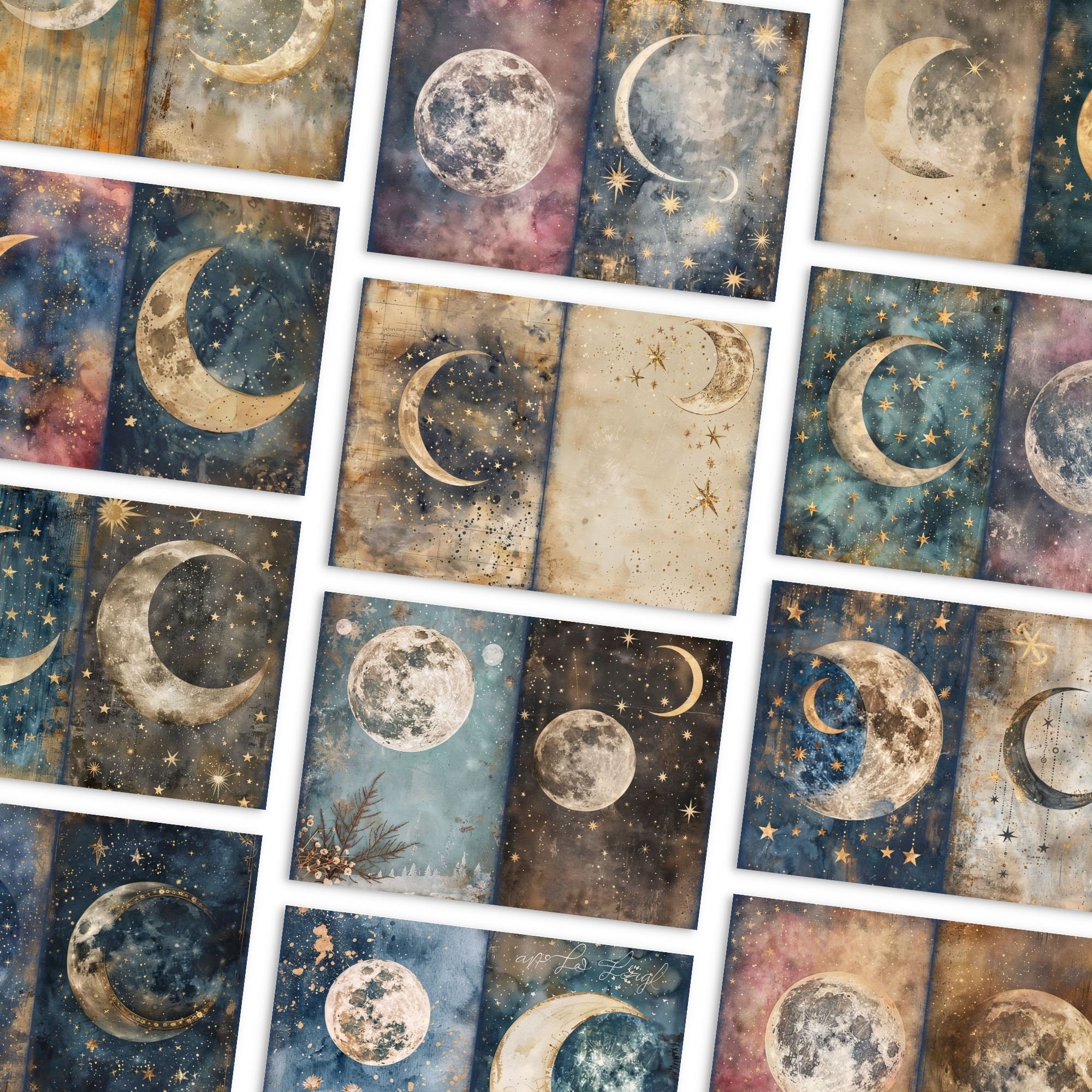 Celestial Moon Junk Journal Pages, Digital Scrapbook Paper Kit, Vintage ...