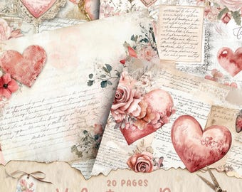 May include: A set of 20 digital paper pages with a vintage Valentine's Day theme. The papers feature watercolor hearts, roses, and handwritten text in shades of pink, red, and white.