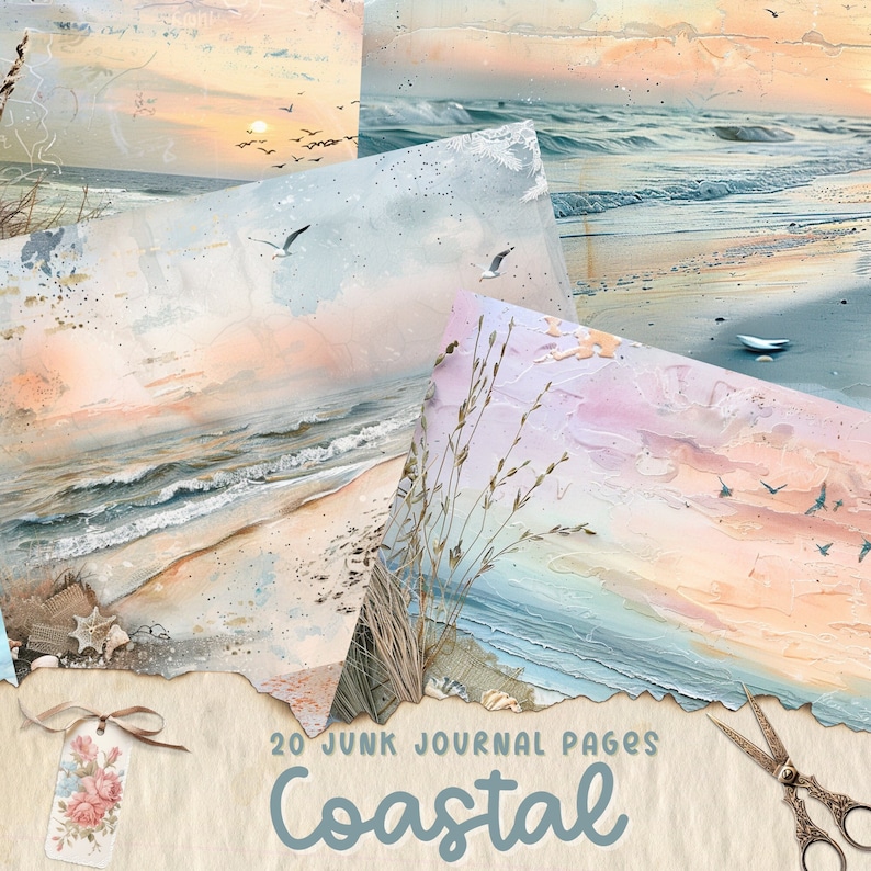 May include: 20 digital junk journal pages with a coastal theme. The pages feature a variety of watercolor-style images of seascapes, beaches, and seashells. The text "Coastal" is written in a decorative font at the bottom of the image.