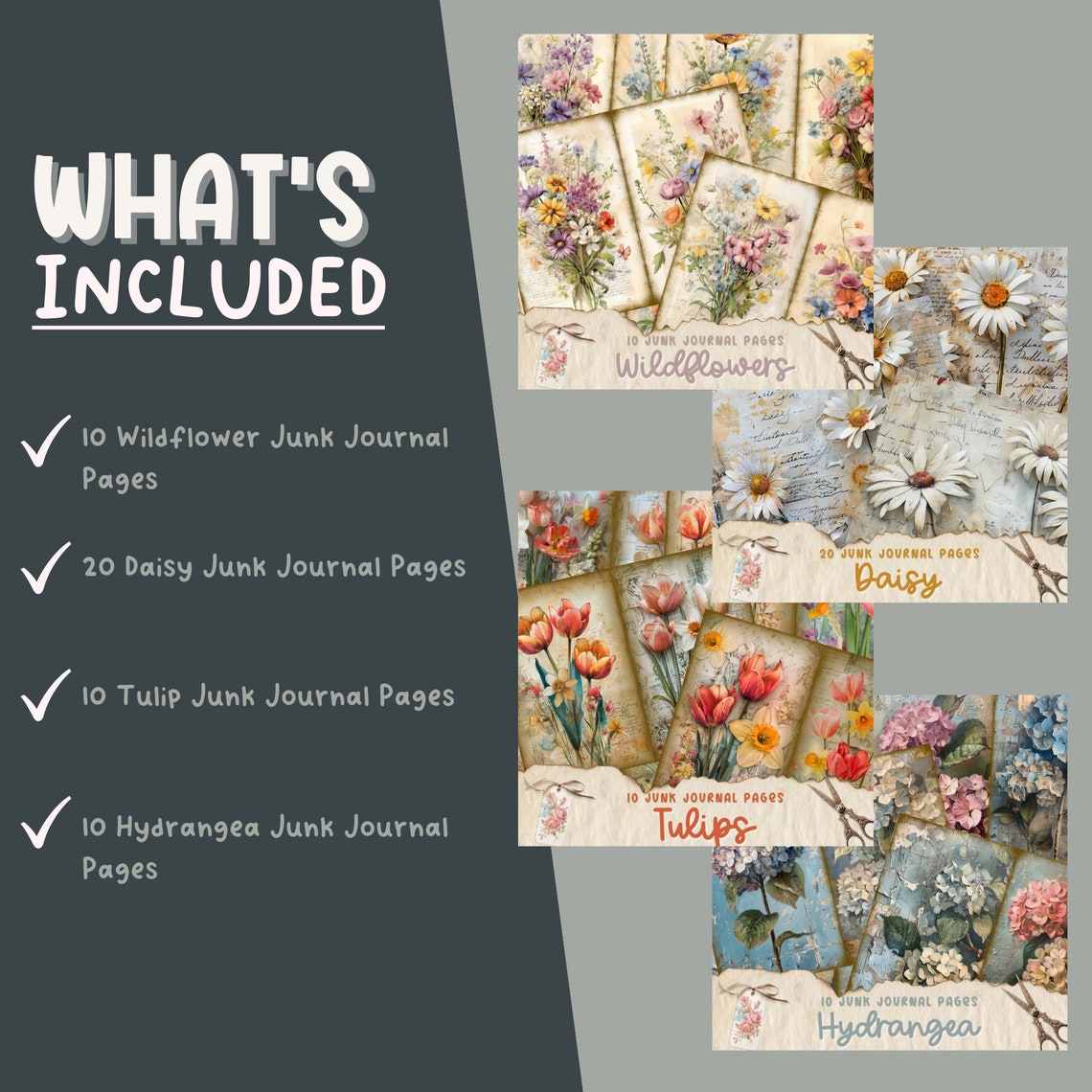 Floral Junk Journal Page Flower Printable Flower Paper Craft Paper for ...
