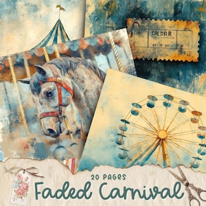 Vervaagde Carnival Junk Journal-pagina's – grillige vintage, op circus geïnspireerde afdrukbare pagina's met griezelige, dromerige ephemera en ontwerpen