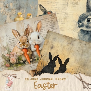 Easter Junk Journal Pages, Bunny Junk Journal Rabbit, Digital Paper Craft, Efemere konijnen, Afdrukbare Scrapbookbenodigdheden, Spring Decor Chick
