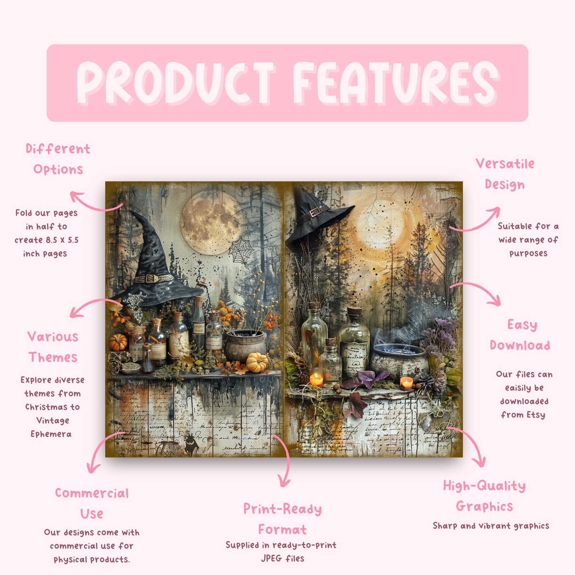 Witchcraft Junk Journal Pages, Digital Scrapbook Paper Kit, Printable ...