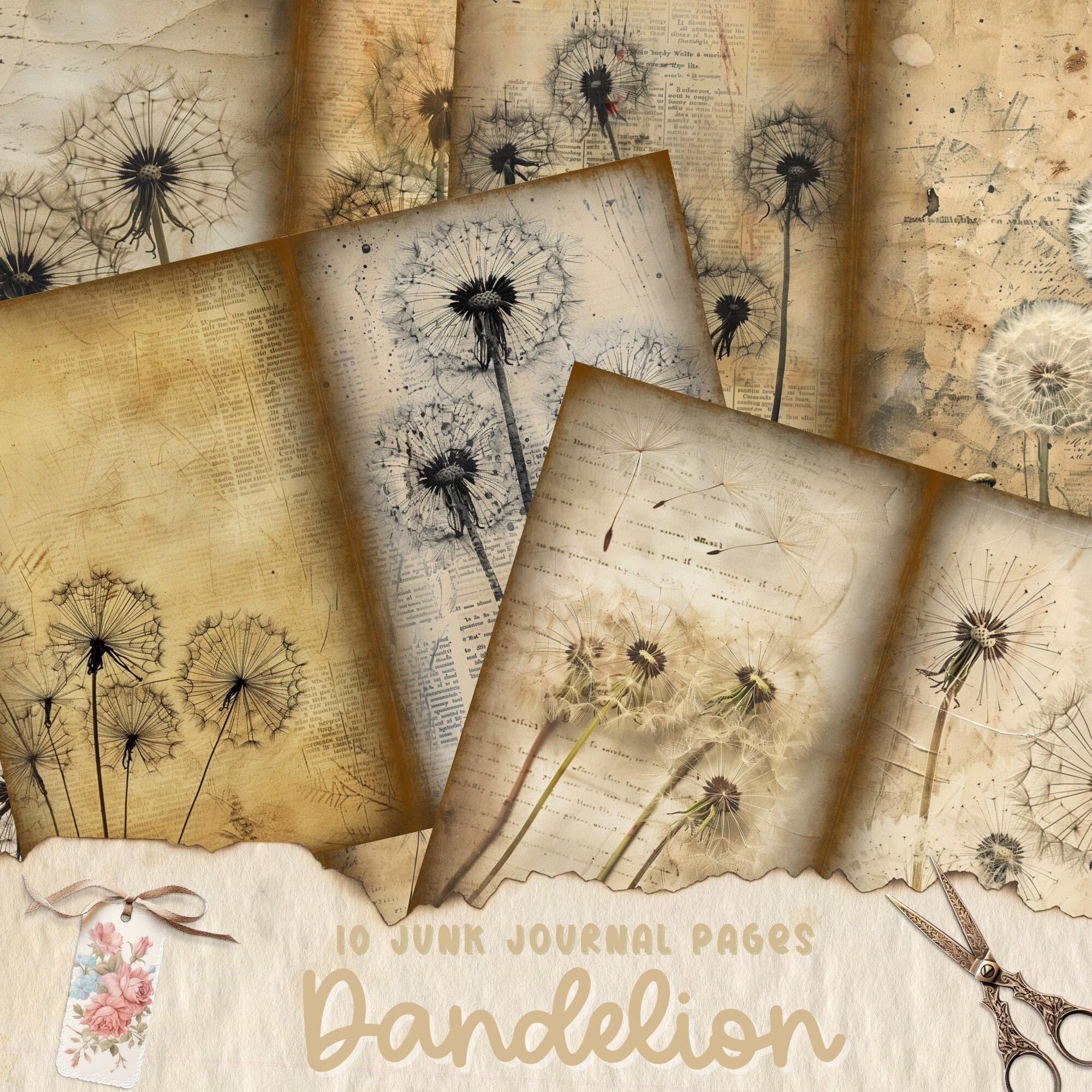 Dandelion Junk Journal Pages, Botanical Flower Digital Paper ...