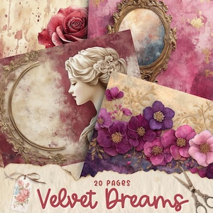 Páginas de diario basura Velvet Dreams: imprimibles de inspiración vintage con diseños elegantes, terciopelo rojo intenso y efímeras románticas