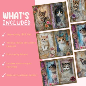 Op de afbeelding: Een set van acht digitale collage-afbeeldingen met schattige kittens in verschillende poses. Elke afbeelding heeft een vintage esthetiek met kant, bloemen en oude papiertexturen.