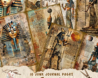 Puede incluir: Diez páginas de diario de chatarra imprimibles digitales con imágenes de jeroglíficos egipcios, faraones y dioses. Las páginas están en un estilo vintage con un aspecto desgastado y envejecido.