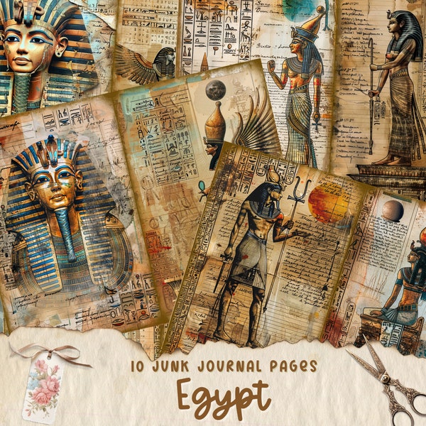 Pages de journal indésirable de l'Egypte ancienne, papier imprimable de scrapbooking, feuille de collage numérique, kit éphémère vintage, téléchargement de pharaon égyptien ancien