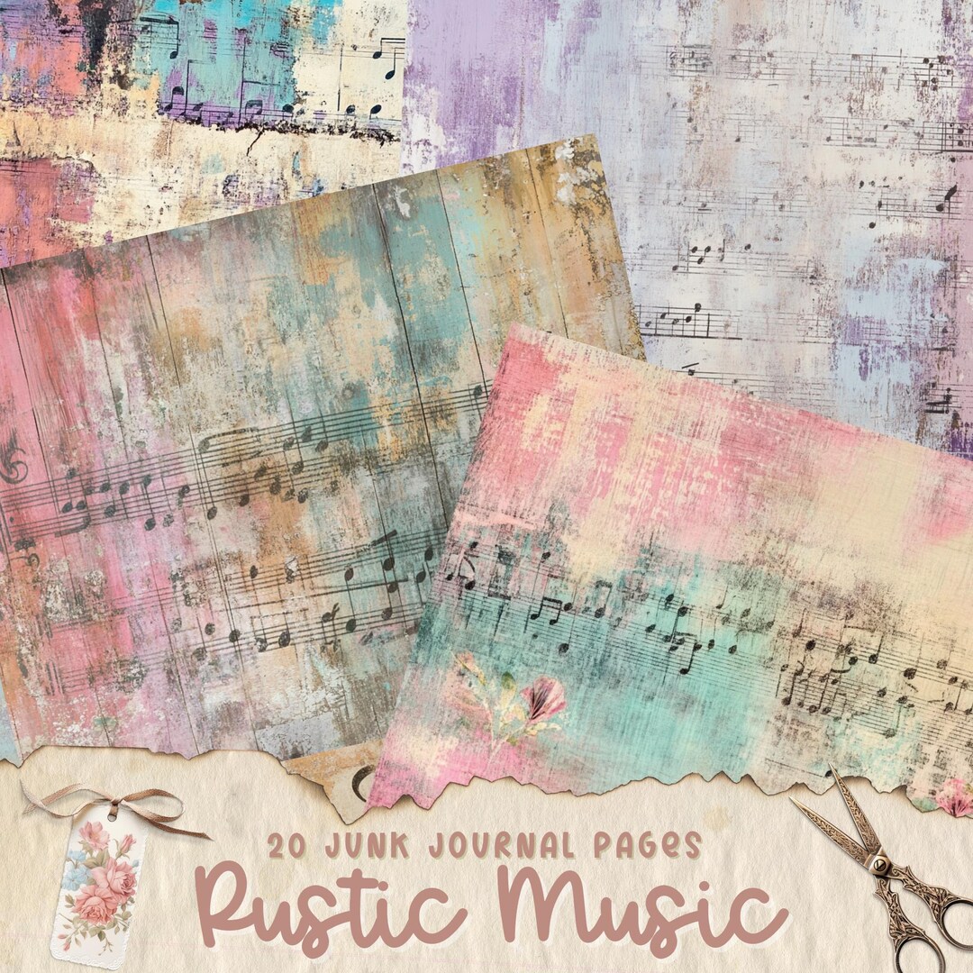 Rustic Sheet Rustic Sheet Music Junk Journal Pages, Digital Scrapbook Paper Kit, Old ...