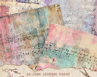 Può includere: Venti pagine digitali di diario di scarto con un tema musicale rustico. Le pagine presentano un aspetto usurato e vintage con note musicali sbiadite e lavaggi ad acquerello in tonalità rosa, blu e verde.