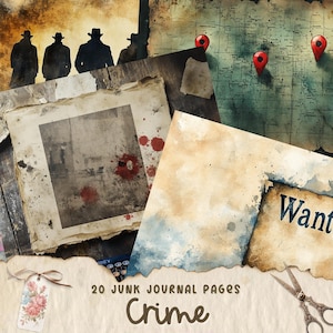 Könnte beinhalten: Zwanzig Scrapbook-Seiten im Vintage-Stil mit einem Krimi-Thema. Die Seiten zeigen abgenutzte Texturen, Blutspritzer, ein Fahndungsplakat und eine Karte mit roten Stecknadeln.