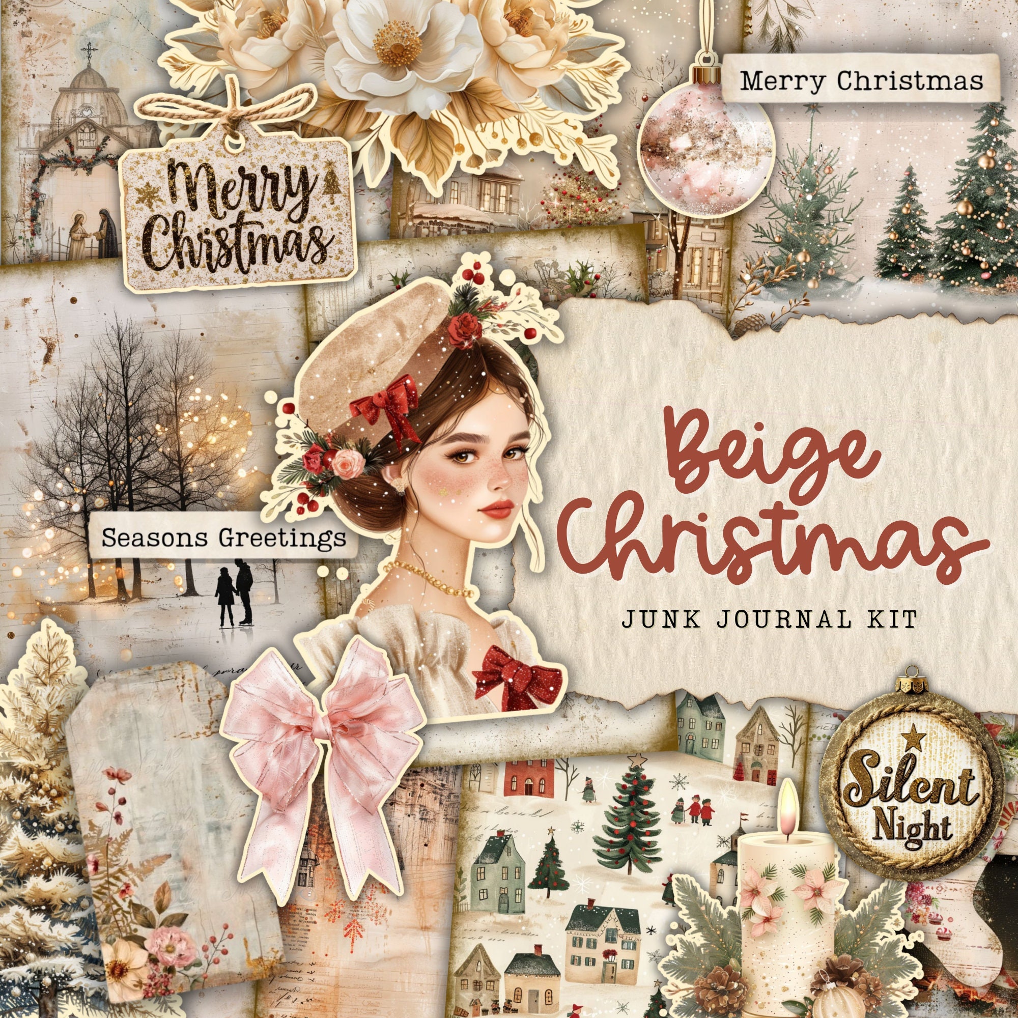 Beige Christmas Junk Journal Kit, Vintage Merry Christmas Junk Journal ...