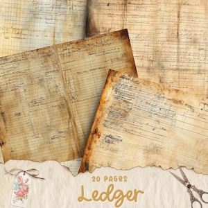 Afdrukbaar grootboekpapier, grootboekboek, digitaal grootboekpapier, rommeldagboek, decoratief papier, digitaal plakboek, oud grootboek papier ambacht
