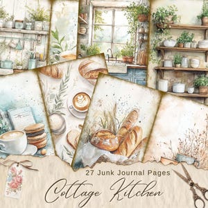 May include: A set of 27 junk journal pages with watercolour illustrations. The pages depict baked goods, coffee, and kitchen scenes. The text "Cottage Kitchen" is displayed at the bottom of the image.