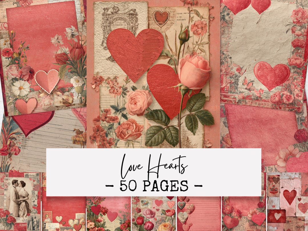 Vintage Valentine Junk Journal Pages, Love Hearts Digital Paper ...