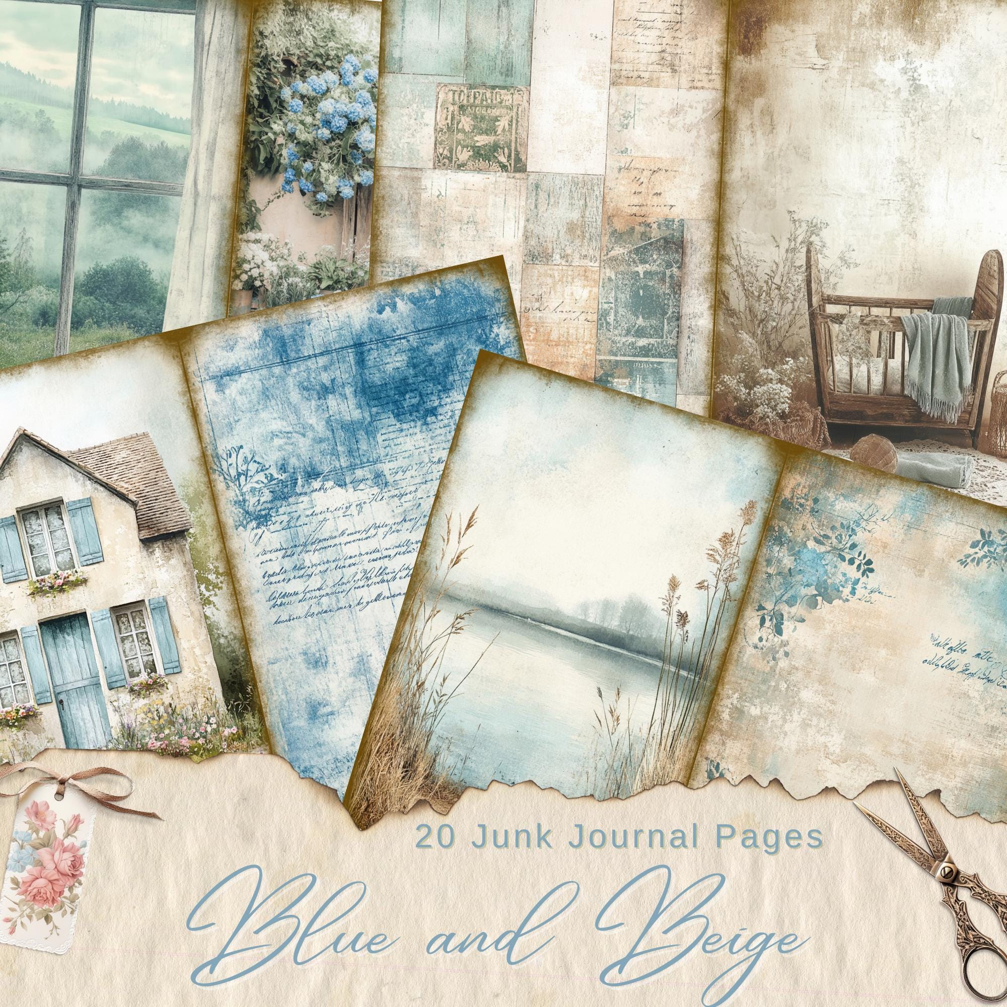 Journal Blue Basic Blue and Beige Junk Journal Paper, Pastel Blue Journal Kit, Background ...